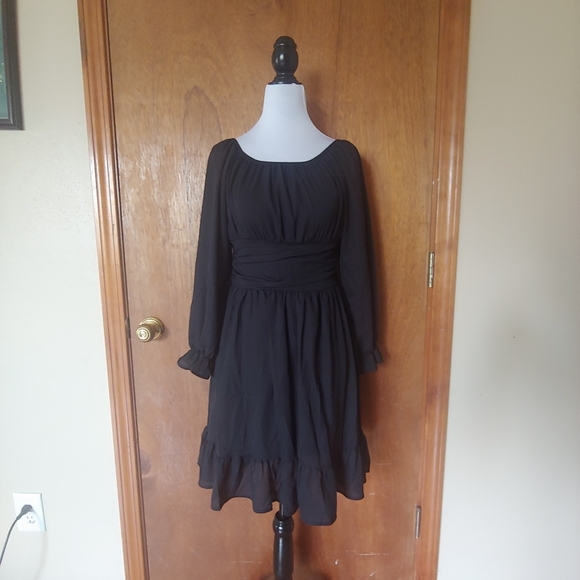 NWT Zaful Black Square Long Puff Lanturn Sleeve Tie Back Beach Sun Mini Dress S - Picture 3 of 14